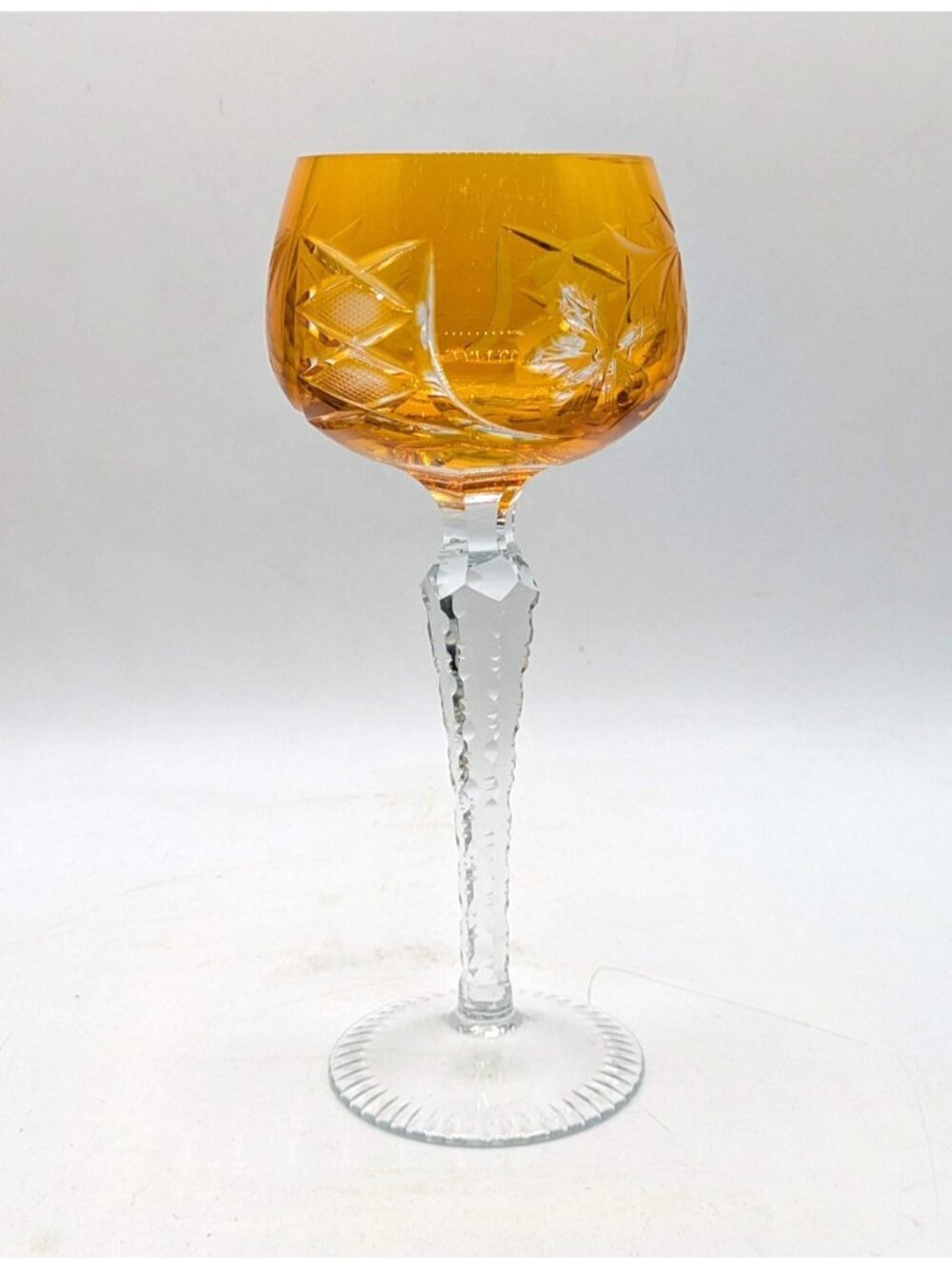 Lausitzer Orange Cut to Clear Crystal Glass Wine Hock Continuous Cut Foot 6 oz